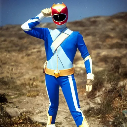 Image similar to a photograph of a power Ranger wearing a dolphin themed blue and white suit, 80s aesthetic