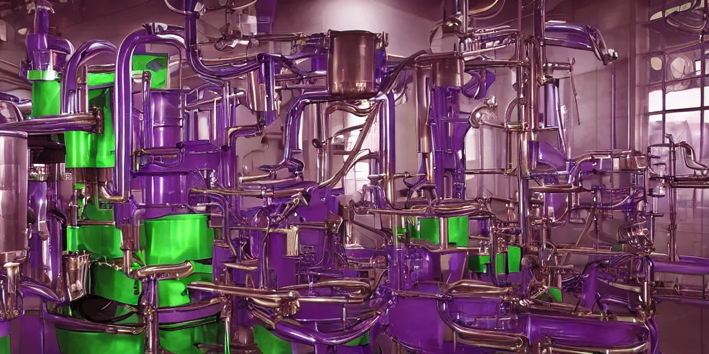 Image similar to machine apparatus for making snake oil, huge copper machine fed by a hopper of purple snakes, green pipework, art by glenn fabry and wayne barlowe, barrels of snake oil in a hermetically sealed production line, artificial lighting, film still from the family medicine depot movie 3 d, 8 k