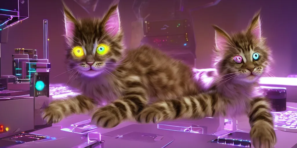 Image similar to a 3 d rendered movie still a cute robotic kitten with rgb ambient lighting implants. the robot maine coon kitten. in the background is a cyberpunk cat tree with rgb dramatic lighting. science fiction blockbuster movie from the future, imax 7 0 mm. octane 3 d render, style of mandalorian ( american space western television series )