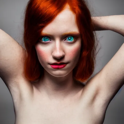 Image similar to A beautiful redhead, sweet, green eyes, seductive expression, modelsociety, raytracing, studio lighting, slight imperfections, intricate, Sony a7R IV, symmetric balance, polarizing filter, Photolab, Lightroom, 4K, Dolby Vision, Photography Award