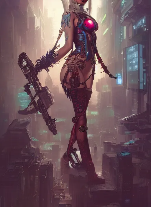 Image similar to a beautiful illustration of cyberpunk elven harley quinn, intricate, sharp focus, illustration, highly detailed, digital painting, concept art, matte, art by wlop and artgerm and greg rutkowski and alphonse mucha, masterpiece