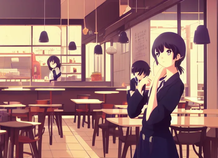 Prompt: anime film visual illustration a young woman working in a busy cafe interior, cute face by ilya kuvshinov, makoto shinkai, kyoani, masakazu katsura, dynamic pose, crisp and sharp, yoshinari yoh, rounded eyes, anime poster, ambient light, focused, flat, cel shaded