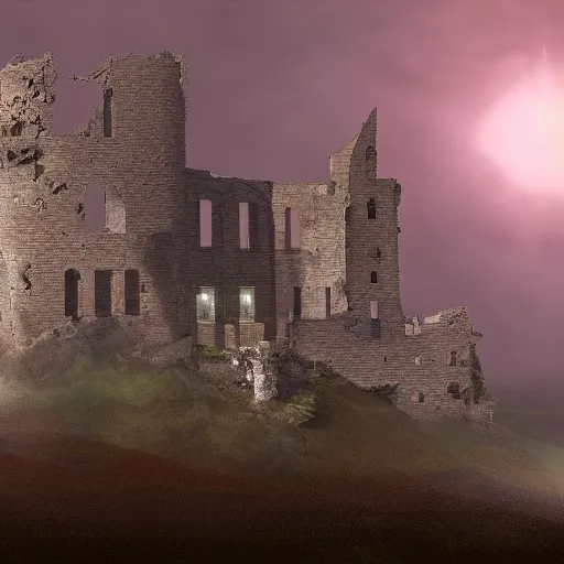 Prompt: detailed realistic matte painting of a ruined castle on top of a hill surrounded by mist at night