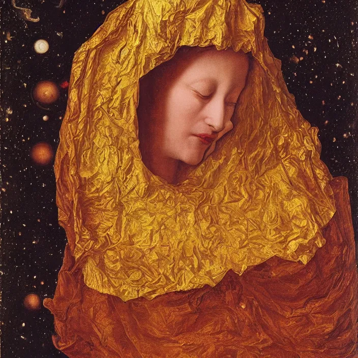 Prompt: a veiled woman with crying flowers in a nebula, by Jan van Eyck