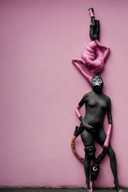 Image similar to a surreal portrait of intertwined and contorted figures wearing gas mask next to a pink wall in the style of brooke didonato, editorial fashion photography from vogue magazine, full shot, nikon d 8 1 0, ƒ / 2. 5, focal length : 8 5. 0 mm, exposure time : 1 / 8 0 0, iso : 2 0 0