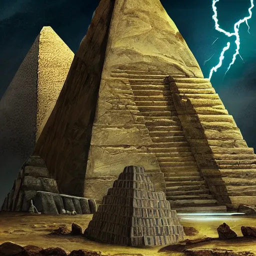 Prompt: Zues guarding the pyramid of Cheops, dessert, ancient world, realistic, god, dramatic lightning, very detailed, concept art,