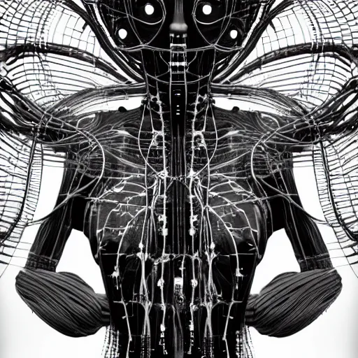 Image similar to nervous system made of wires and alien technology in a white room with glowing leds, hyper detailed, surreal concept art, apocalyptic, realistic, alive, industrial, tech, black and white photo on film, grain, cyborg, futuristic, humanoid, dream,