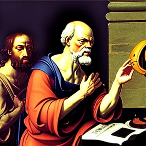 Image similar to socrates wearing a virtual reality headset, renaissance painting