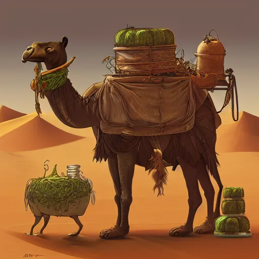 Image similar to several stoner merchants in robes with integrated bong gas mask appliances, carrying bales of herbs across an alien desert with camel-like creatures in tow. Album art by Arik Roper