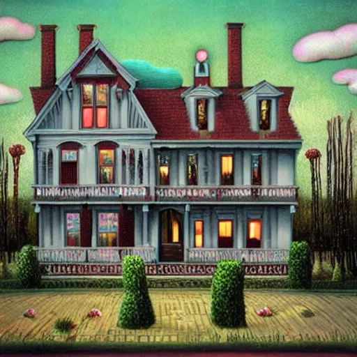 Image similar to a house with many rooms, 8k , lowbrow surrealistic, in the style of Mark Ryden,