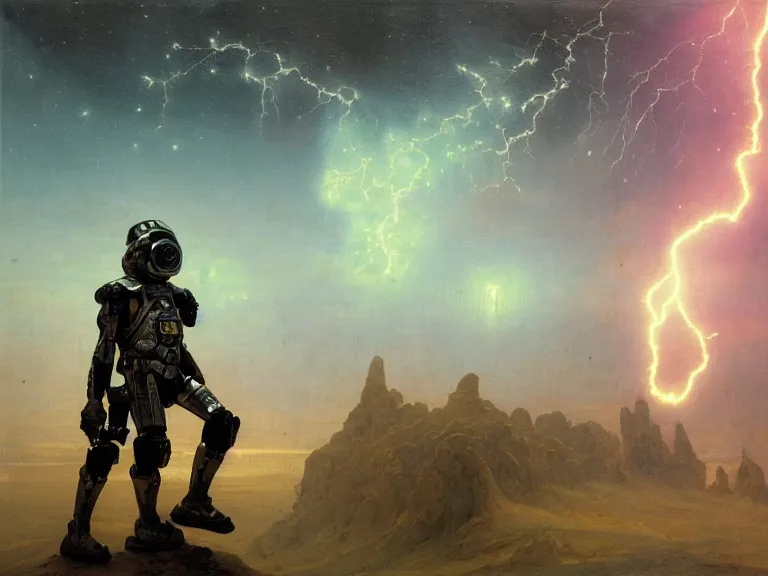 Prompt: a detailed profile oil painting of a lone shock trooper in a spacesuit with reflective helmet, technology flight suit, bounty hunter portrait symmetrical and science fiction theme with lightning, aurora lighting clouds and stars by beksinski carl spitzweg and tuomas korpi. baroque elements, full-length view. baroque element. intricate artwork by caravaggio. Trending on artstation. 8k