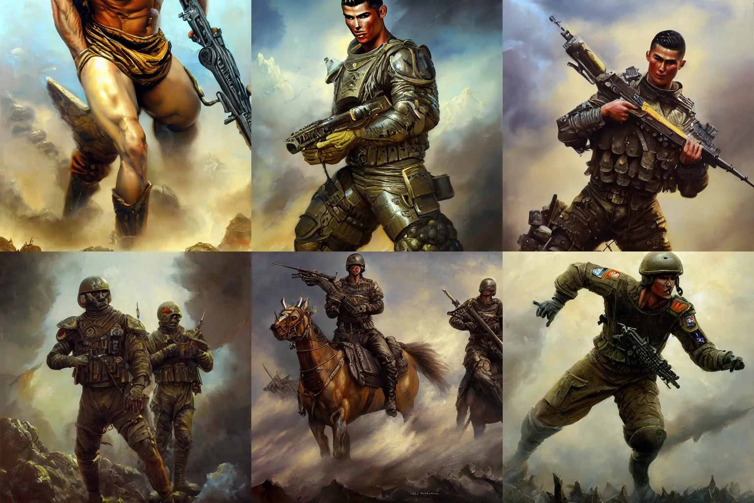 Prompt: Beautiful oil painting depicting Cristiano Ronaldo Russian Special Forces, Lucas Graziano, Frank Frazetta, Greg Rutkovsky, Boris Vallejo, epic fantasy portrayal of characters, exquisite details, post-processing, low angle, masterpiece, cinematic