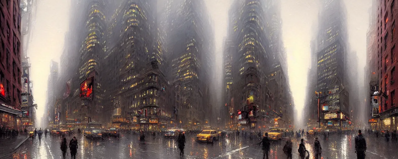 Prompt: photo of a street level view of new york. architecture. art by greg rutkowski and thomas kinkade