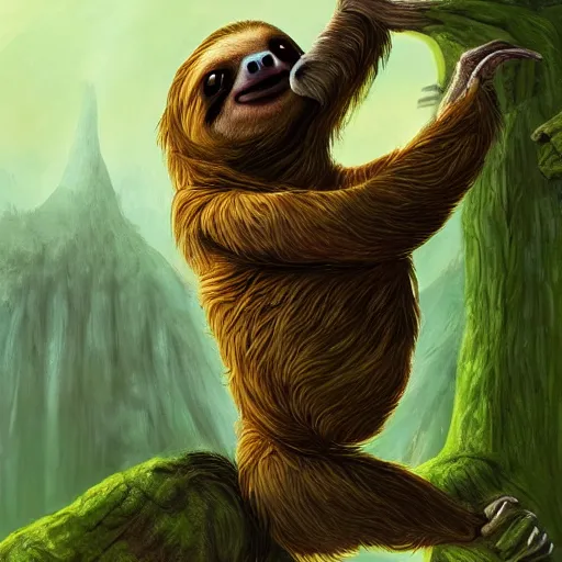 Image similar to a fantasy artwork of a sloth enjoying his abundance