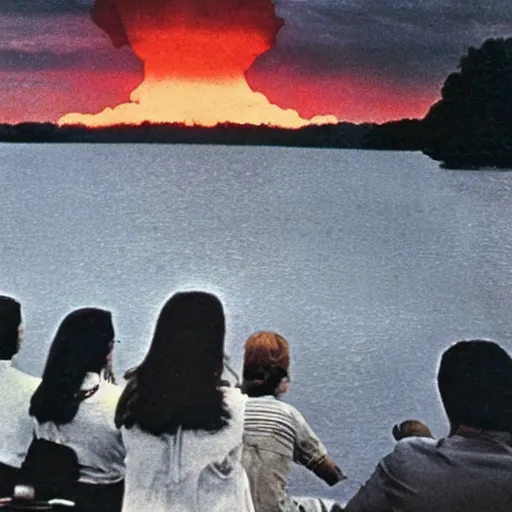 Prompt: color photograph from the sixties of people sitting by a lake in summer looking at a mushroom cloud on the horizon, faded colors, light leaks