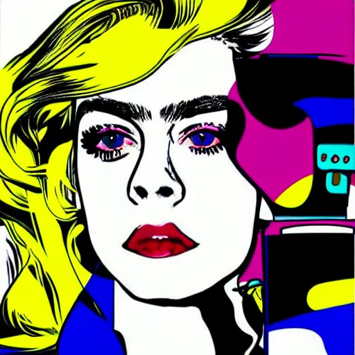 Prompt: pop art portrait of cara delevingne by roy lichtenstein and warhol