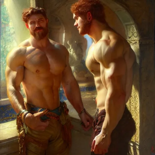 Image similar to attractive muscular mike with ginger hair with muscular attractive tyler with brunet hair, drinking their hearts out, in their noble mansion. very defined and highly detailed painting by gaston bussiere, craig mullins, j. c. leyendecker 8 k