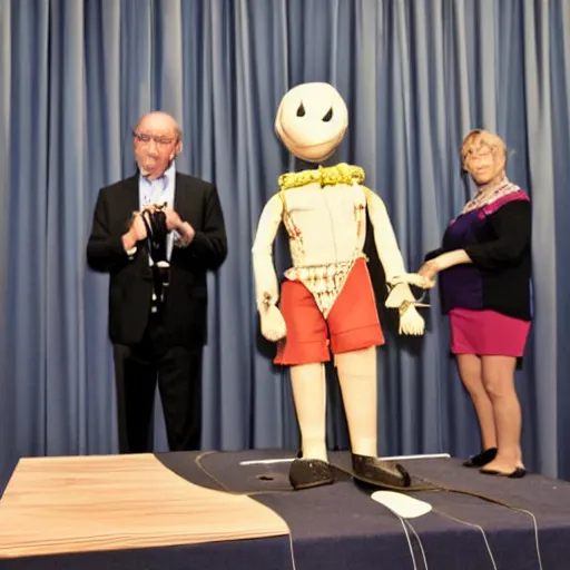 Image similar to president marionette with puppeteer in a podium giving a press conference