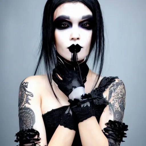 Image similar to a beautiful goth blasian woman with heterochromia and gothic clothing