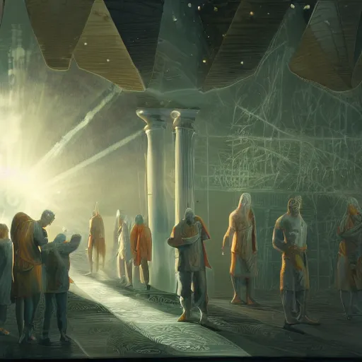 Image similar to future disciples of Pythagoras, in perfect frozen symmetrical world, sinner cataclysm, dynamic lighting, deus ex machina, primeval duality, cinematic, establishing shot, extremely high detail, photo realistic, cinematic lighting, oil painting, intricate line drawings