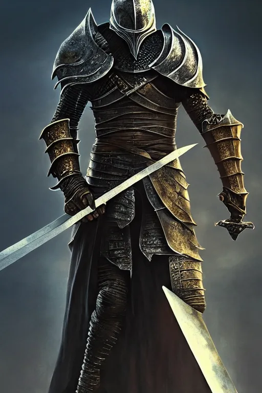 Image similar to dark souls knight holding two swords with each hand, full body, detailed intricate, award winning, highly detailed, sharp focus, cinematic lighting, golden ratio, unreal engine 5, octane render, art by wlop and artgerm and greg rutkowski, masterpiece, trending on artstation, 8 k