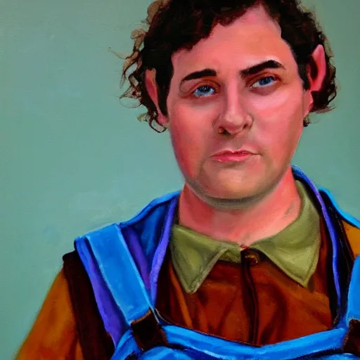 Image similar to close up headshot of a frowning clean shaven pudgy British lad with short curly dark brown hair as a hobbit wearing a white men's crossbody sling chest bag and blue vest, blue vest!! white crossbody chestbag!! high resolution film still, painting by Ed Binkley