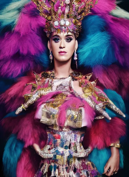 Image similar to katy perry styled by nick knight posing, full body shot, intricate headpiece, vogue magazine, canon, highly realistic. high resolution. highly detailed. dramatic. 8 k. 4 k.