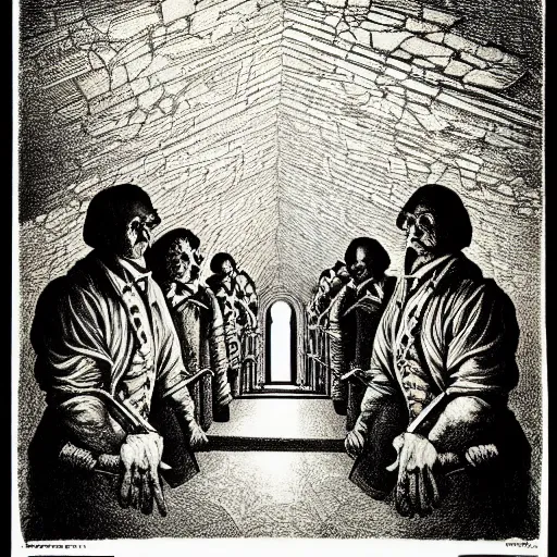 Image similar to lithography on paper secret layer dungeon conceptual figurative post - morden monumental dynamic portrait by goya and escher and hogarth, illusion surreal art, highly conceptual figurative art, intricate detailed illustration, controversial poster art, polish poster art, geometrical drawings, no blur