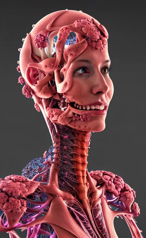 Prompt: 3D render of a beautiful profile face portrait of a female dragon-cyborg, 150 mm, flowers, Mandelbrot fractal, anatomical, flesh, facial muscles, wires, microchip, veins, arteries, full frame, microscopic, elegant, highly detailed, flesh ornate, elegant, high fashion, rim light, octane render in the style of H.R. Giger and Bouguereau