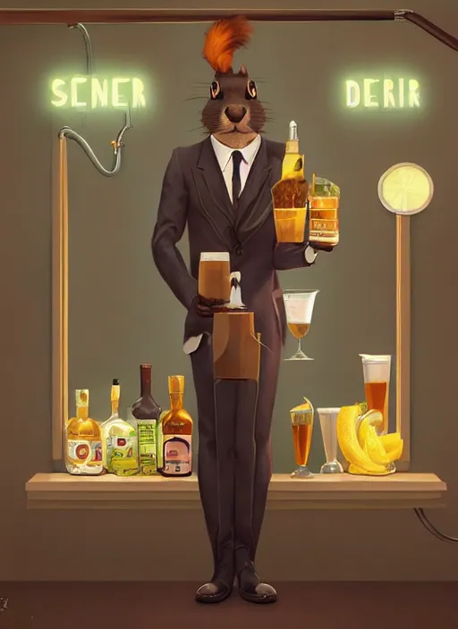 Image similar to squirrel anthro as a dapper bartender with a big fluffy tail, retro futurism, art deco, detailed painterly digital art by WLOP, 🐿🍸🍋, furaffinity, trending on artstation