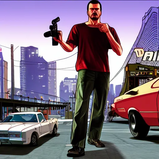 Prompt: Jomatech in Grand Theft Auto cover art, 4k
