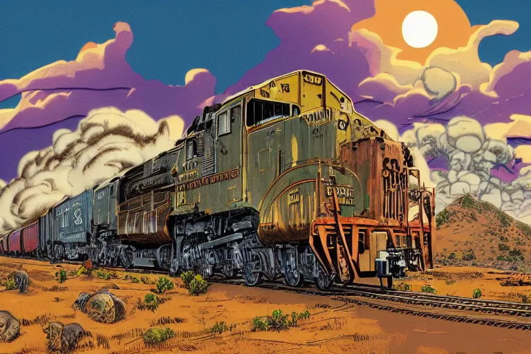 Image similar to old western freight train illustration by joe fenton and syd mead and p. craig russell and barry windsor - smith, artstation, 4 k, graphic novel, concept art, matte painting, steam engine spewing billowy white clouds of steam, beautiful idyllic mountain desert sunset background, golden hour, art nouveau