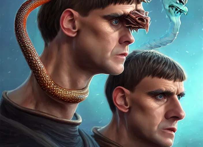 Image similar to hydra of lerna with two heads, one head is lloyd christmas, the other head is harry dunne ( from dumb and dumber ), serpentine water monster, d & d, fantasy, portrait, highly detailed, digital painting, trending on artstation, concept art, sharp focus, illustration, art by artgerm and craig mullins