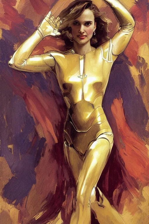 Prompt: elegant portrait of natalie portman as iron man by greg manchess, mucha, william adolphe bouguereau, john singer sargent, sorolla, winslow homer, dean cornwell, james gurney, kilin eng, ilya repin,