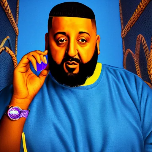 Prompt: ultra realistic portrait of dj khaled in a studio, ultra detailed, under blue, red and yellow cinematic lighting, salvador dali, cartoon, monument valley, escher