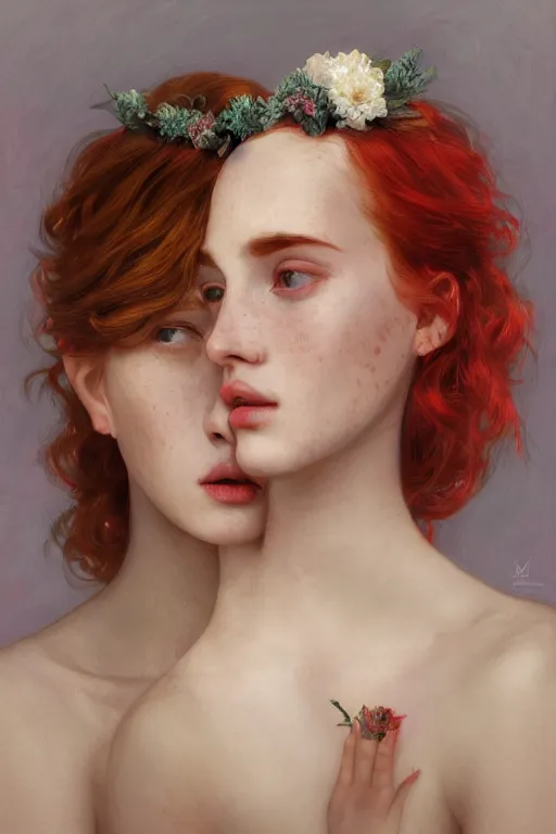 Prompt: Masterpiece, ethereal portrait of twins, beautifu,l red haired girls with freckles, wearing a flower headpiece, porcelain skin, cinematic lighting, photo realistic, highly detailed, maya, digital painting, artstation, concept art, sharp focus, illustration, by Mucha