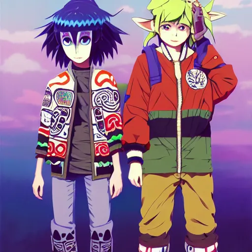 Image similar to majora majora's mask wearing oversized mayan bomber jacket with overalls, bulky poofy bomber jacket with mayan patterns, aztec street fashion, genshin impact art style, gapmoe yandere grimdark, trending on pixiv fanbox, painted by greg rutkowski makoto shinkai takashi takeuchi studio ghibli, akihiko yoshida