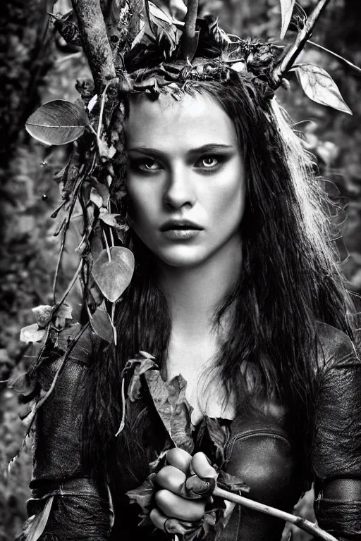 Prompt: bella from twilight as a determined dnd deep gnome druid with leather clothing and leaves and sticks in her hair, photo by annie leibovitz b&w