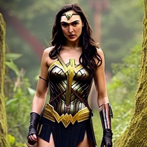 Prompt: Gal Gadot wandering the jungle