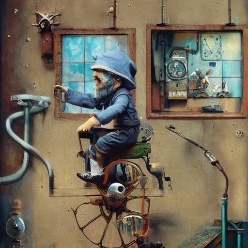 Image similar to Graffiti Spraypaint A gnome gnome riding a steampunk automaton clockwork golem golem jim lambie norman rockwell greg rutkowski alberto sughi elina brotherus robert rauschenberg tombow