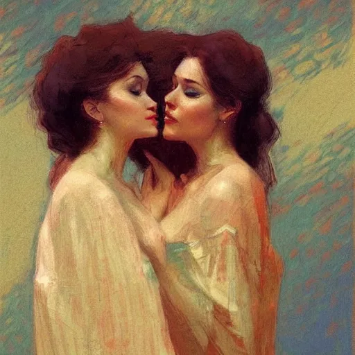 Prompt: two beautiful women in love, leaning in, vertical symmetry, warm colors, vintage shading, by Ilya Repin, artstation