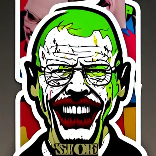 Image similar to die cut sticker, walter white laughing like the joker, splatter paint