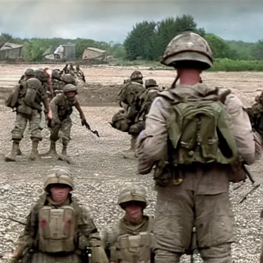 Prompt: movie still from saving private ryan with soldiers replaced with minions, action, d - day