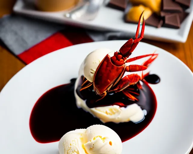 Image similar to dslr food photograph of vanilla ice cream with crawfish, some chocolate sauce, 8 5 mm f 1. 4