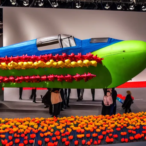 Prompt: sculpture of a plane made out of tulips, amsterdam show, realistic, 4 k, very detailed