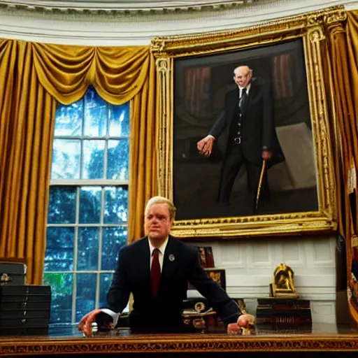 Prompt: senator armstrong!!!!!!!!!!! from metal gear rising revengeance!!!!!!!! sitting behind resolute desk, oil painting, presidential portrait, oval office