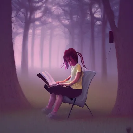 Image similar to a girl reading a book, her hair flowing down, surreal photography, digital painting, artstation, simon stalenhag