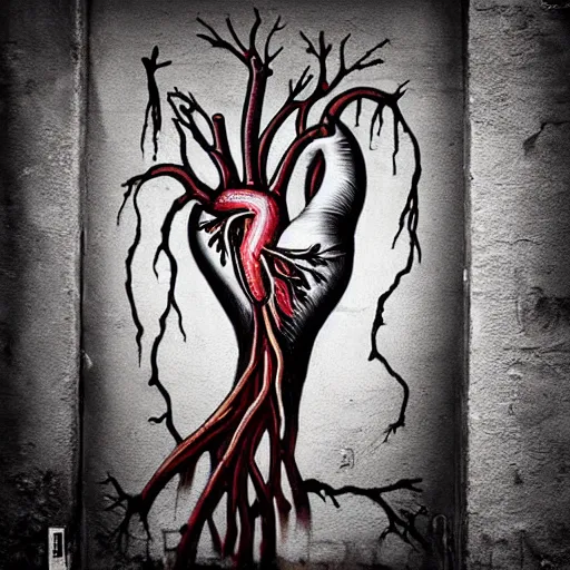 Image similar to graffiti of a dripping anatomical heart with roots growing above it, sadness, dark ambiance, concept by godfrey blow, banksy, featured on deviantart, sots art, lyco art, artwork, photoillustration, poster art