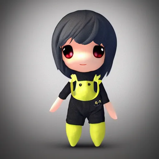 Image similar to cute fumo plush of an alien girl inoveralls black, three point lighting, color contrast, vray