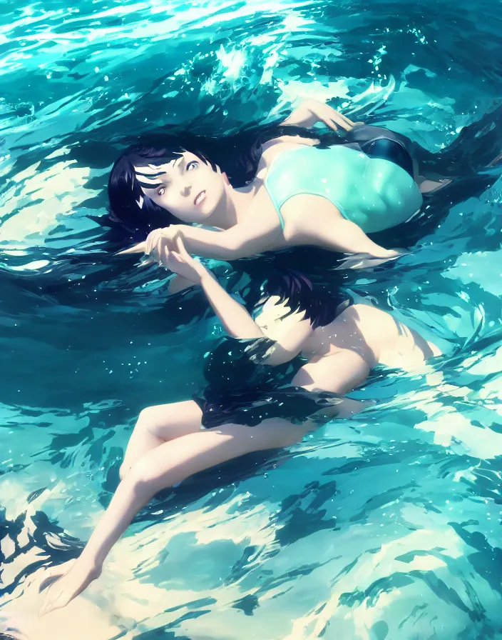 Prompt: a woman swimming underwater in a black bikini, matte, art by ilya kuvshinov and kyoto animation and ruan jia and ross tran, studio quality, aniplex,